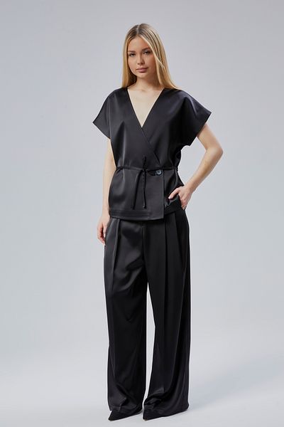 Bolivente Women's V Neck Satin Belt Blouse and Pants Set