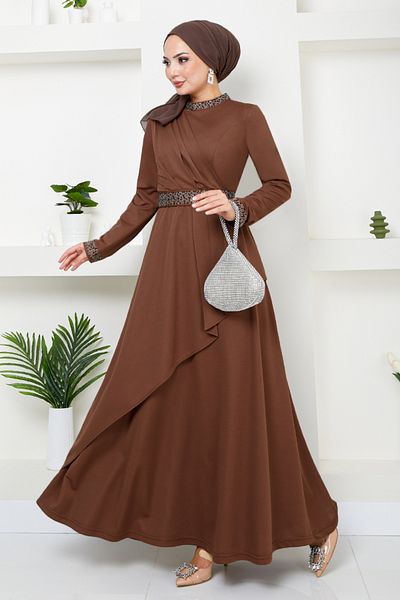 ModaMerve Φόρεμα Hijab - Ζώνη με στρας, Αριθμός μοντέλου: 268DVL897-M, Καφέ