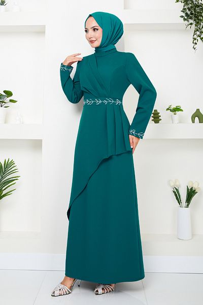 ModaMerve Βραδινό φόρεμα Hijab με κεντημένο μανίκι βενζίνης - 4047KTR927-M