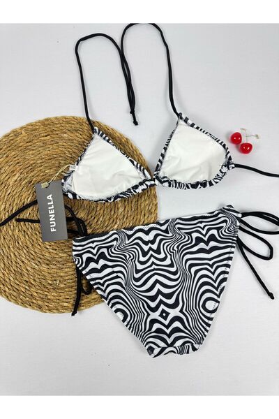 FUNELLA Μαύρο και άσπρο μοτίβο ζέβρας στο πλάι και στο λαιμό Κομψό γυναικείο σετ μπικίνι