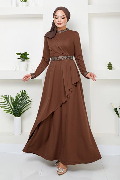 ModaMerve Φόρεμα Hijab - Ζώνη με στρας, Αριθμός μοντέλου: 268DVL897-M, Καφέ