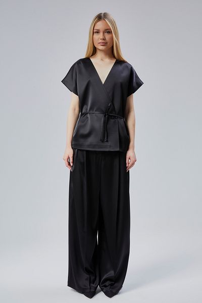 Bolivente Women's V Neck Satin Belt Blouse and Pants Set