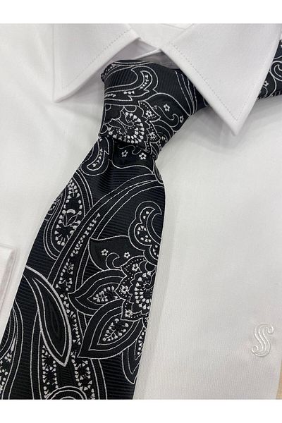 Cacharel Woven Fabric Patterned Black and White Tie