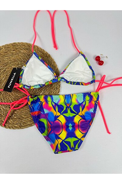 FUNELLA Stylish Women's Bikini Set with Tie-Dye Patterned Side and Neck Tie