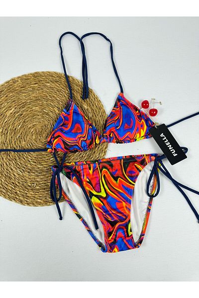 FUNELLA Tie Dye Pattern Triangle Stylish Women's Bikini Set with Tie on the Side and Neck