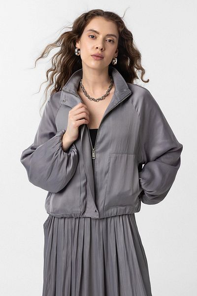 Antioch Gray Stand Collar Slim Women's Bomber Jacket