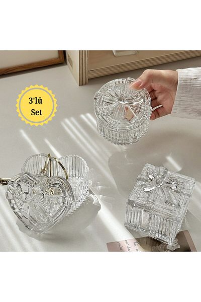 Fairhome Set of 3 Round-Square-Heart Shaped Bow Glass Sugar Bowls