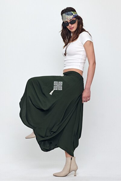 AYASOFYA OTANTIK Жіноча хакі спідниця з еластичним поясом, етнічним вишиванням та кишенями