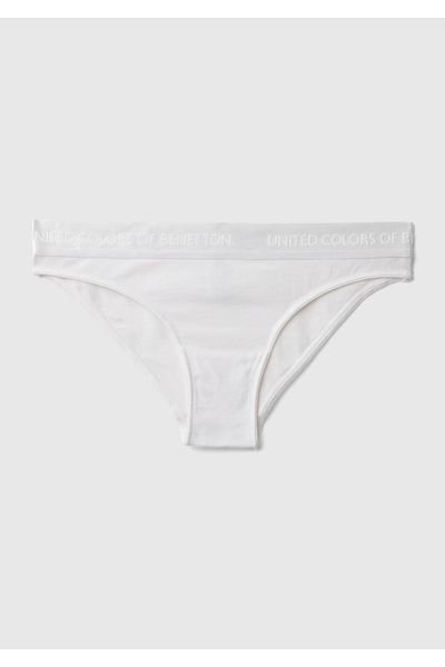 United Colors of Benetton Women's White Cotton Blended Logo Banded Hipster Cut Panties
