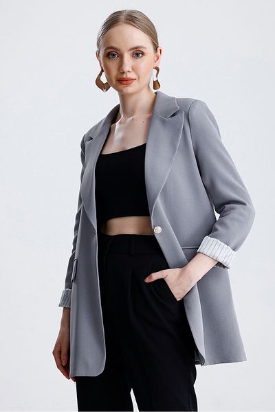 MD trend Women's Striped Sleeve Folded Padded Buttoned Blazer Jacket
