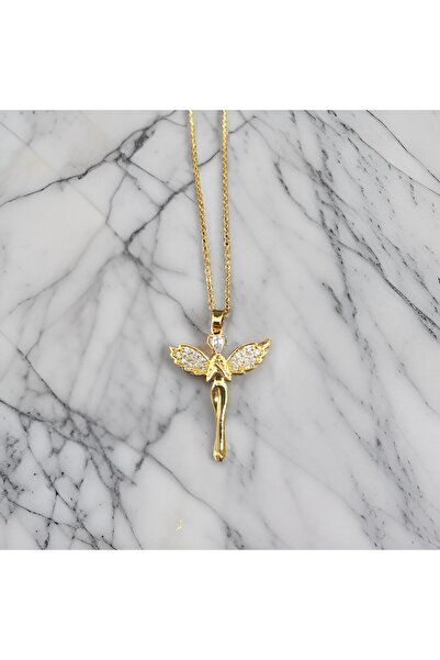 staınless steel Steel Gold Color Zircon Stone Angel Necklace - Elegant and Sparkling Design, Stylish Accessory