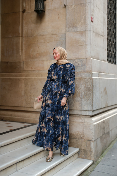 LOCCO Women's Printed Patterned Digital Dress Navy Blue