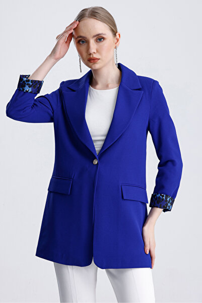 MD trend Women's Leopard Detailed Buttoned Lined Padded Blazer Jacket