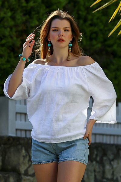 Chiccy Λευκή ισπανική μπλούζα με γιακά Carmen με μανίκια που πλένεται