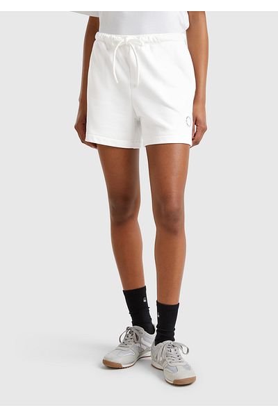 United Colors of Benetton Women's White Cotton Blend Logo Banded Drawstring High Waist Bermuda Shorts