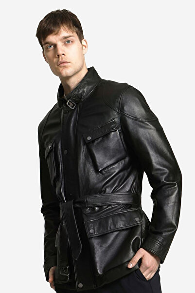 Dericlub Lincoln Erkek Dik Yaka Kemerli Hakiki Deri Trençkot Siyah