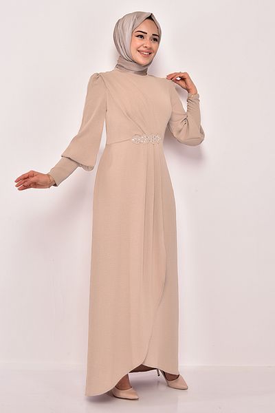 ModaMerve Cream Evening Dress - Stone Detailed, Asm2569 Model