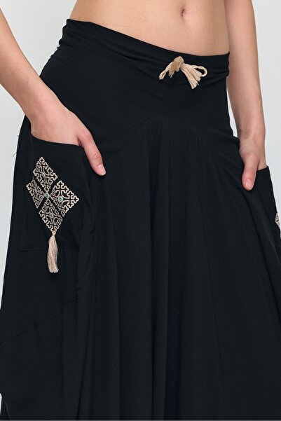 AYASOFYA OTANTIK Women's Black Elastic Waist Ethnic Embroidery Detailed Pocket Skirt