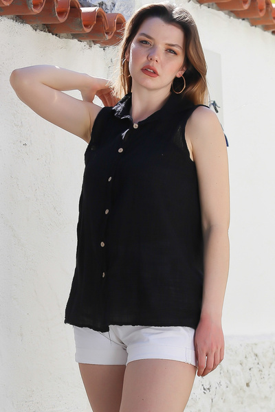 Chiccy Black Sleeveless Buttoned Washed Blouse Mesh Detailed Casual Woven