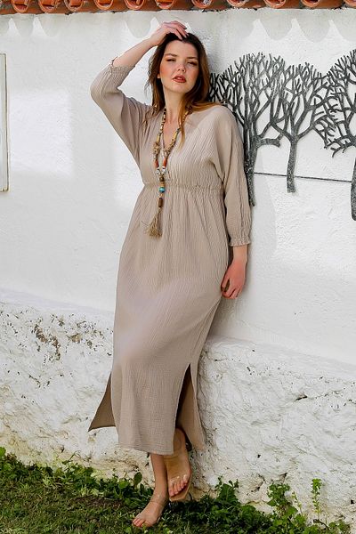 Chiccy Μπεζ διπλό γιακά Casual Melay Long Woven φόρεμα 130 60