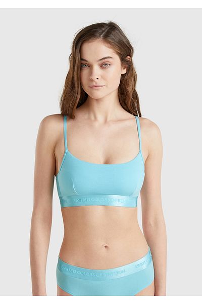 United Colors of Benetton Top de bikini cu bretele reglabile, cu logo-ul amestecat de bumbac albastru pentru femei