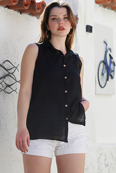 Chiccy Black Sleeveless Buttoned Washed Blouse Mesh Detailed Casual Woven