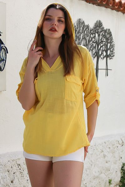 Chiccy Ανοιχτό λεμόνι με διπλό καπάκι μακρυμάνικο με τσέπη που πλένεται casual μπλούζα
