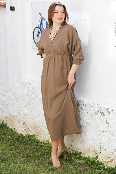 Chiccy 3/4 Sleeve Light Brown Double Breasted Collar, Washed Slit Casual Islamic Dress