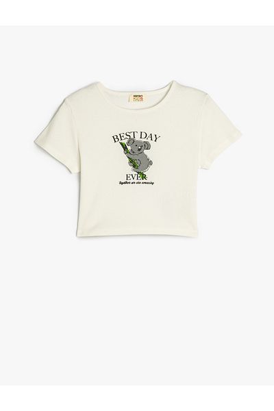 Koton Crew Neck Short Sleeve Koala Print Detailed Cotton Crop T-Shirt