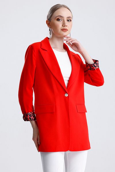 MD trend Women's Leopard Detailed Buttoned Lined Padded Blazer Jacket