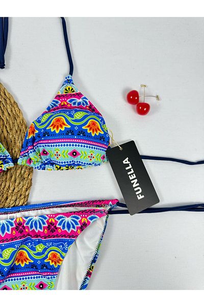 FUNELLA Blue Ethnic Patterned Stylish Women's Bikini Set with Side and Neck Tie