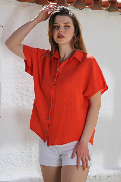 Chiccy Shirt Collar - Short Sleeve, Buttoned Washed Casual Muslin 68-60