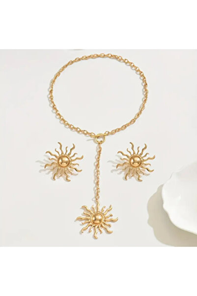 SE Jewellery Collection Selin Ersoy Gold Dekolte Güneş Kolye Küpe Set Şık Kadın Kolye Küpe Set