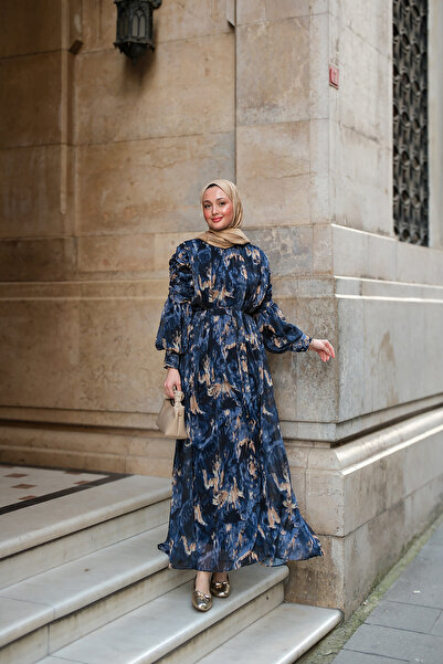 LOCCO Women's Printed Patterned Digital Dress Navy Blue