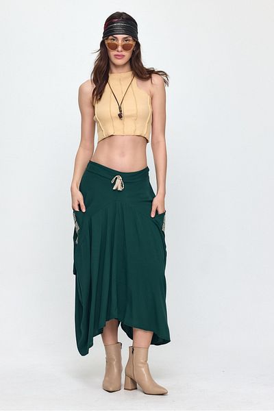 AYASOFYA OTANTIK Women's Petrol Elastic Waist Ethnic Embroidery Detailed Pocket Skirt