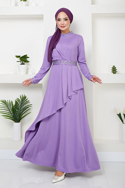 ModaMerve Λιλά Φόρεμα Hijab - Stone Detailed, Model 268DVL897-M