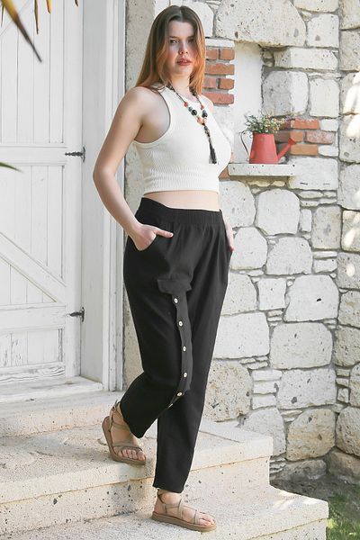 Chiccy Black Pocket Washed Waist Jogger Palto Casaul Linen Blended Woven Pants