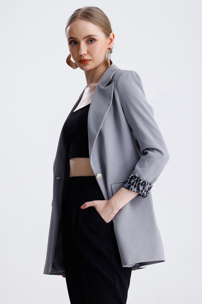 MD trend Women's Leopard Detailed Buttoned Lined Padded Blazer Jacket