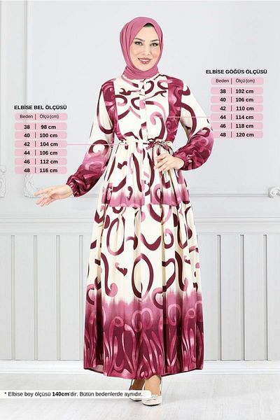 ModaMerve Φόρεμα με μοτίβο με μισό κουμπί 0208asn936-m Dark Dusty Rose