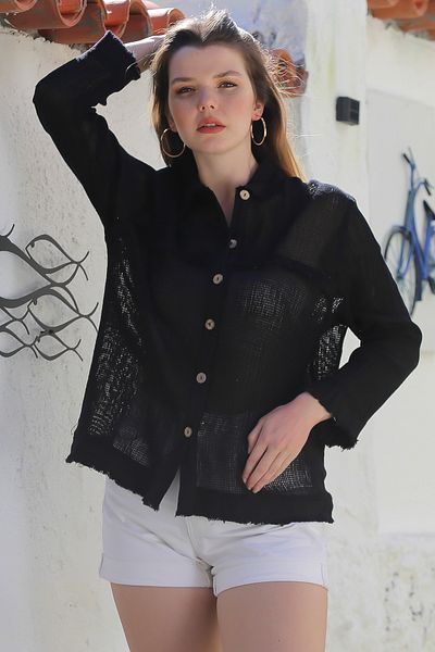 Chiccy Cămașă casual cu mânecă lungă cu rever negru 69 62