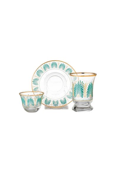 BYBLOSS Saudi tea and coffee set made of Turkish glass with green engraving, consisting of 6 cups + 6 saucers + 6 coffee cups