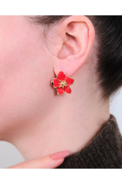 AURRARİ Altın Kaplama Kırmızı Sakura Çiçeği Küpe