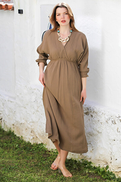 Chiccy 3/4 Sleeve Light Brown Double Breasted Collar, Washed Slit Casual Islamic Dress