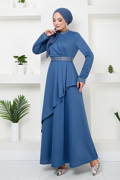ModaMerve Indigo Hijab Φόρεμα - Ζώνη με στρας, Αριθμός μοντέλου: 268DVL897-M