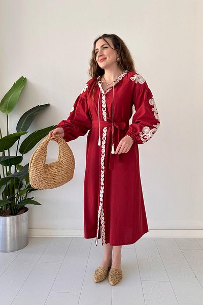 MaziButik Burgundy Sleeve Embroidered Dress