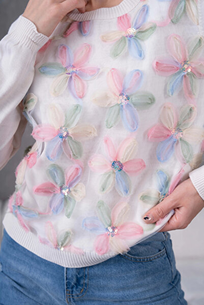 Park Karon Bisiklet Yaka Tül Detaylı Aplikeli Triko Kazak