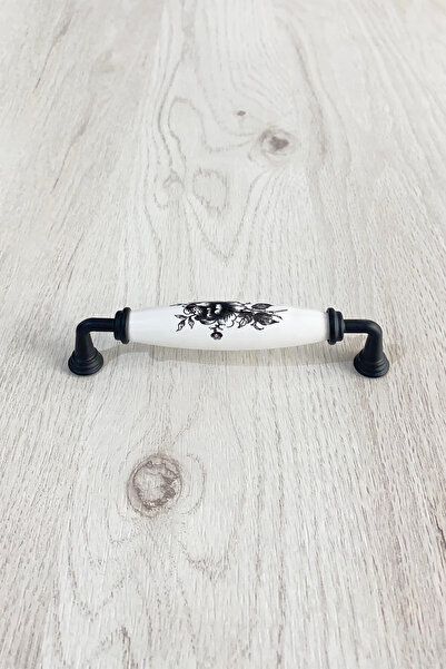 Ucelev Siyah Metal-Gerçek Porselen Siyah Çiçek Desenli 128 mm Mobilya/Dolap/V...