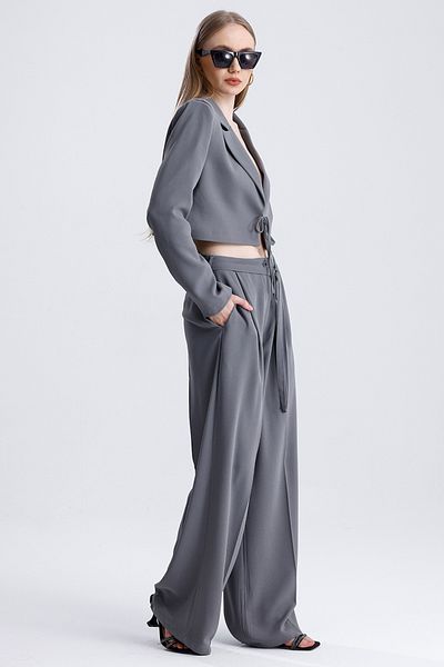 MD trend Women's Tied Crop Jacket and Belted Palazzo Trousers Two Piece Set
