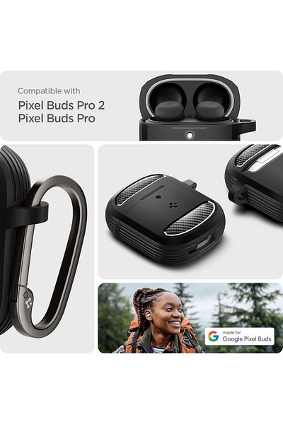 Spigen Rugged Armor for Google Pixel Buds Pro 2/Pixel Buds Pro 1 cover with Carabiner Matte Black