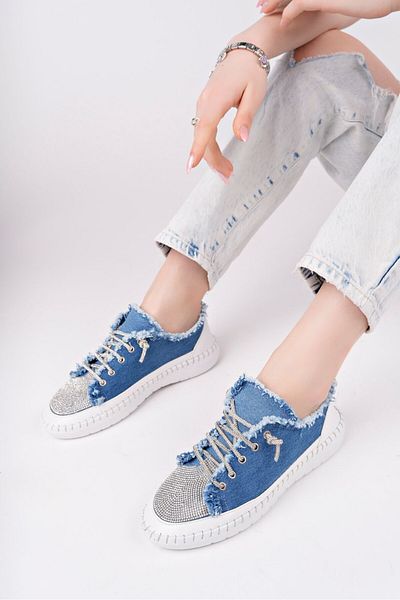 Zerenyus DAMSEL Pantofi sport casual pentru femei, albastru denim, cu șireturi